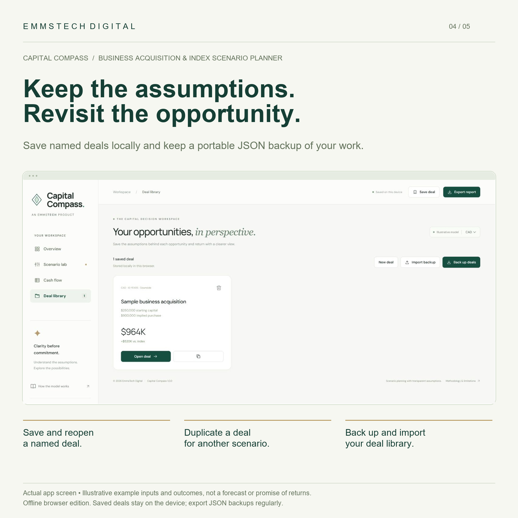 Capital Compass local Deal Library with JSON backup and import.