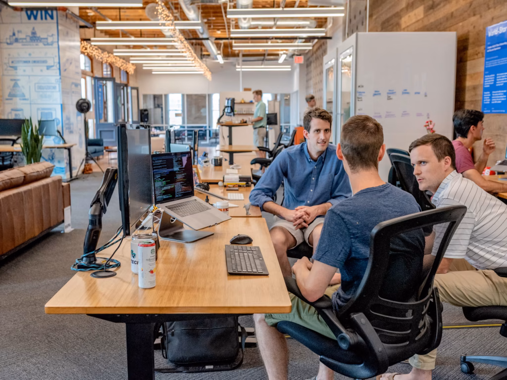 A small business team discussing a project
