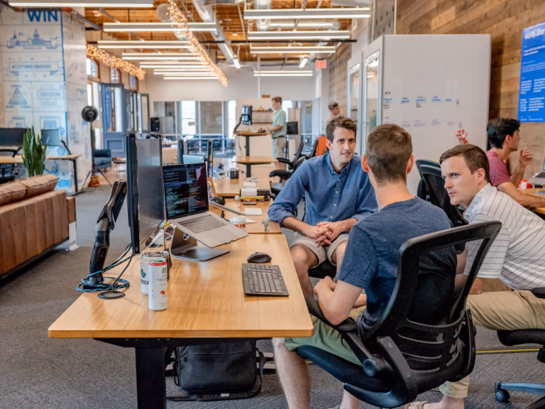 A small business team discussing a project