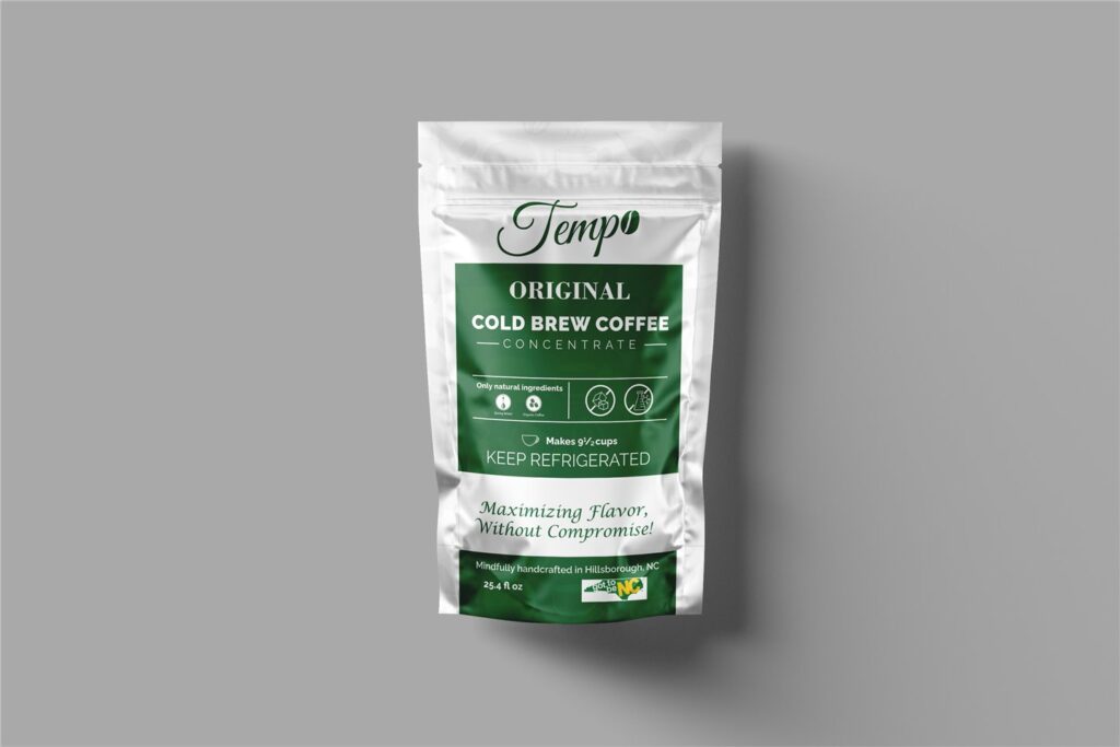 Tempo cold-brew pouch label and packaging mockup